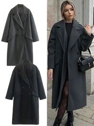 Trench coat feminino outono e inverno botão cinza casaco de lã moda engrossado longo retro decote em v manga bolso jaqueta 231026