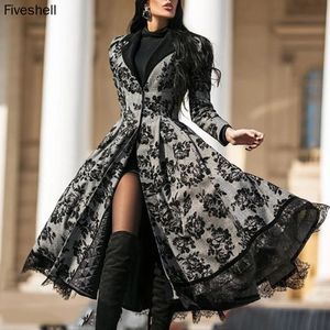 Dames Trench Coat's Dress Autumn Winter jas lange mouw Medieval Lace Stitching Jacket Slim en elegante zwarte jurken 230421