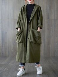 Trench-Coat pour femmes, vêtements d'extérieur, poches à capuche, amples et décontractés, Vintage, vestes coupe-vent, printemps-automne, 240109