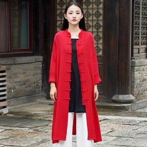 Femmes Trench Coats 2021 femmes Long Cardigan été automne coton lin tricoté Cardigans Style chinois pull décontracté manteau veste M-2XL