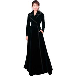 Women's Trench Coats 2021 Wrap Black Fluwelen Maxi Jas Dikke Warm Lange Uitloper Winterbaan Designer Dames Vintage Kleed Kraag