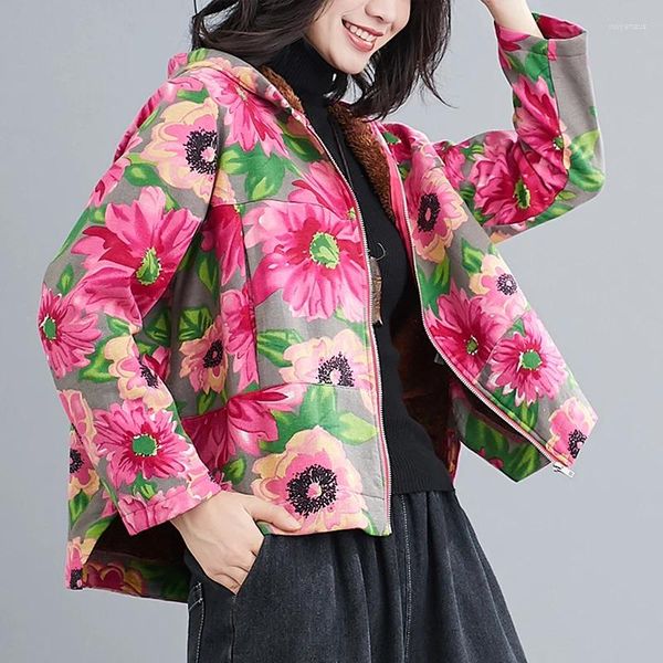 Trenchs de femmes manteaux 2023 arrivée fermeture éclair à capuche imprimé floral épaissir polaire chaud vintage automne hiver vêtements d'extérieur mode femme décontractée