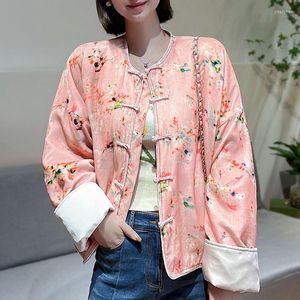 Trenchs pour femmes 2023 automne et hiver coton vestes Style chinois col rond simple boutonnage impression ample soie velours haut S-XL