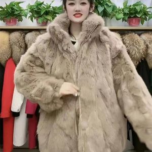 Trenchs de femmes 2023 automne hiver lâche coréen net cheveux rouges moyen long col debout mode haining deux manteau de fourrure