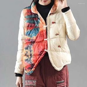 Vrouwen Trenchcoats 2023 Herfst Winter Retro Chinese Stijl Disc Gesp Print Donsjack Vrouwen Katoen Gevoerde Dames korte Warme Parka