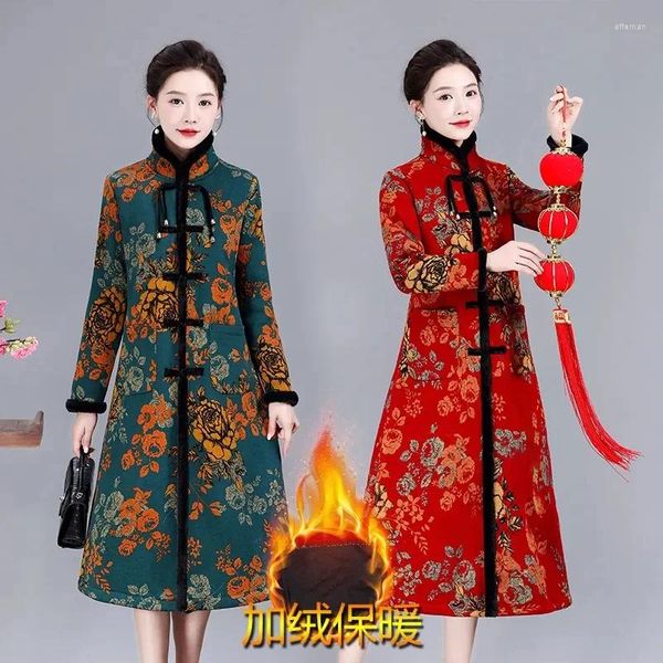 Trenchs de femmes manteaux 2023 automne hiver porter peluche épaissie manteau coupe-vent chaud pour maman d'âge moyen style chinois col debout long