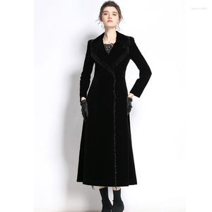 Trenchs de femmes 2023 élégant manteau long en velours noir avec des détails de franges pour les femmes automne hiver chic vêtements d'extérieur