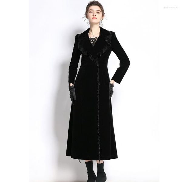 Gabardinas para mujer 2023 elegante abrigo largo de terciopelo negro con detalles de flecos para mujer otoño invierno ropa exterior elegante