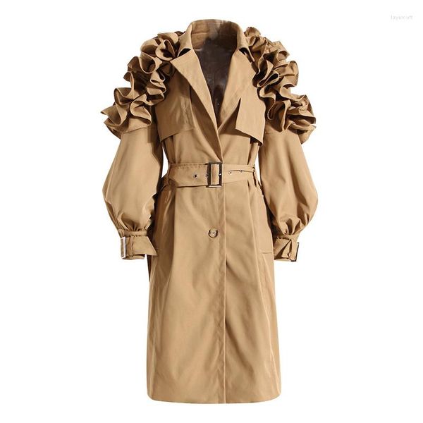 Abrigos de trinchera para mujer 2023 Otoño Invierno Mujeres Manga completa Fajas de un solo pecho Volantes de hombro Casual Color Sólido Largo Blazer Outerwear