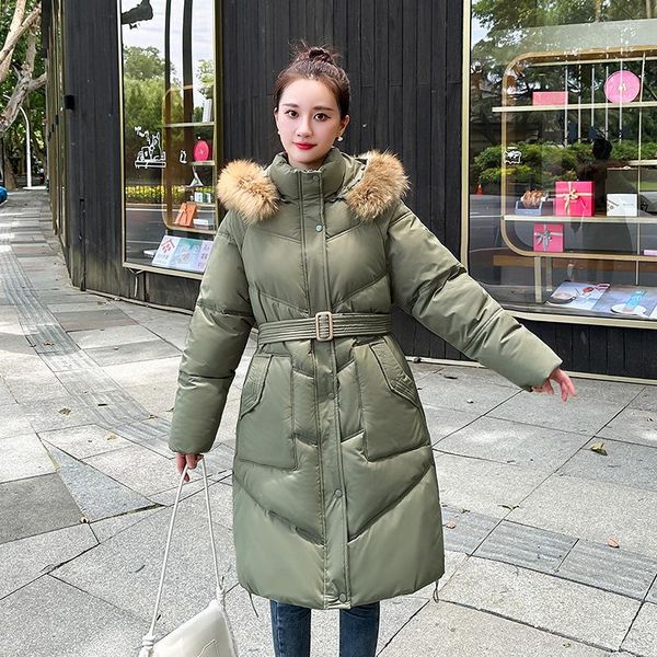 Trenchs de femmes manteaux 2023 col de fourrure longue parka à capuche en coton vestes bouffantes épaisses chaudes coréennes manches de neige ceinture de poche