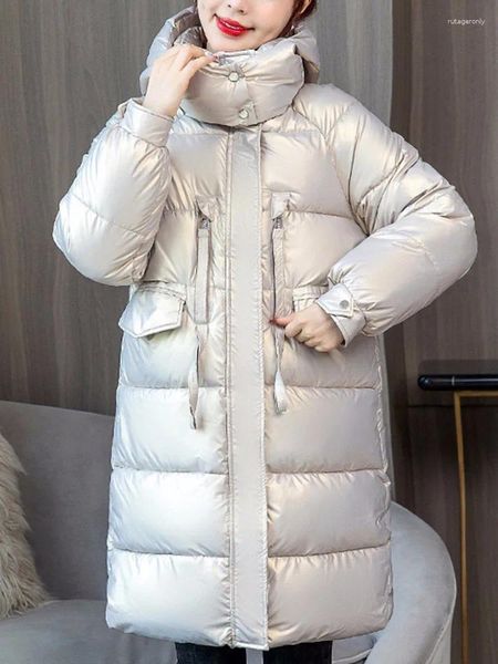 Trenchs de femmes Manteaux 2023 Parka Femmes Long Down Parkas Mode d'hiver Coréen Visage brillant sur la veste au genou Femme Vêtements de neige