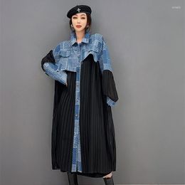 Damesgeul Lagen Spring denim gesplitst Long Cardigan Women Plus size losse geplooide jas Street Wear Outfit -jurken