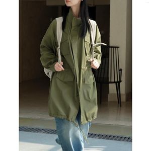 Damesgeul Lagen 2023 Spring herfst Green Standhals Knop Overjas Peacoat Drawstring Taille Outdarse Casual Jackets