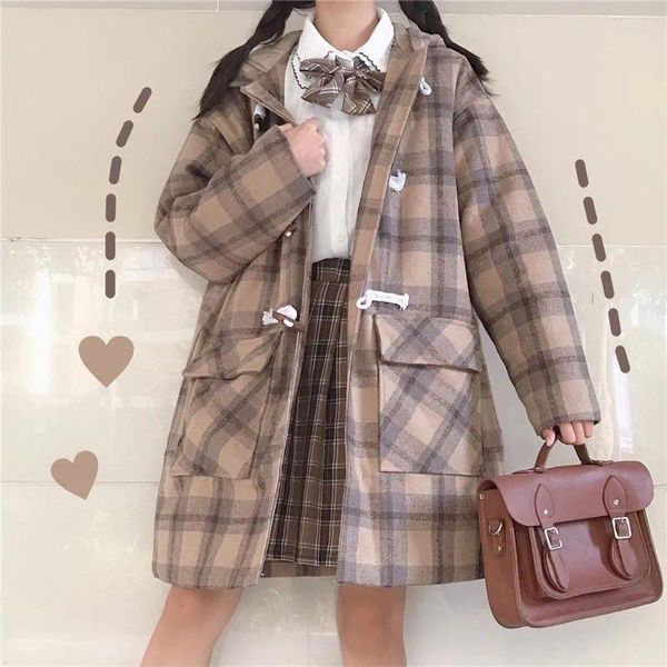 Trenchs pour femmes 2023 Style de printemps Mode japonaise JK Manteau Pull Uniforme scolaire Longues sections Plaid Laine Kawaii