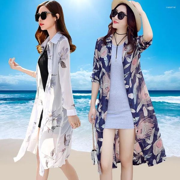 Femmes Trench Coats 2023 Protection solaire Vêtements Femmes Long Summer Châle Mince Manteau En Mousseline De Soie Cardigan Plage UV Veste Femme Survêtement