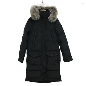 Trenchs pour femmes 2023 vêtements en coton à la mode pour dame très mince col en fourrure de raton laveur réel peut être amovible Long manteau de Style noir