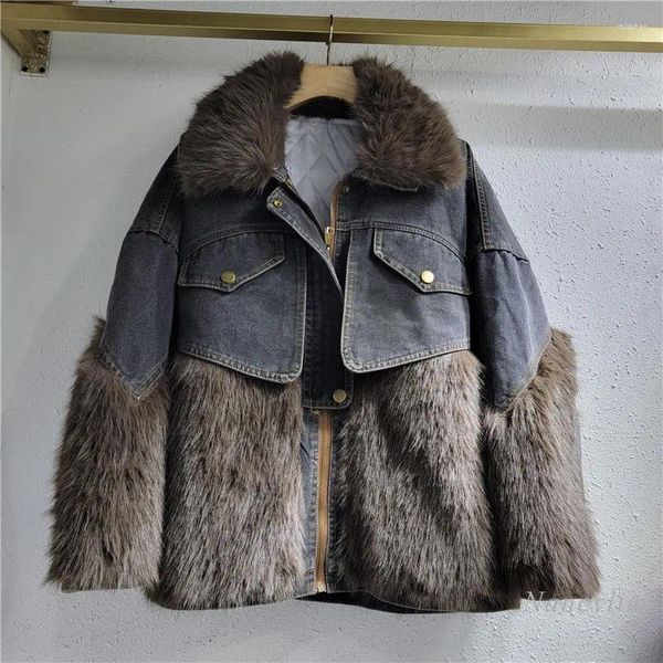 Trenchs de femmes 2023 hiver écologique fausse fourrure couture denim manteau parka lâche coton rembourré épaissi coton rembourré