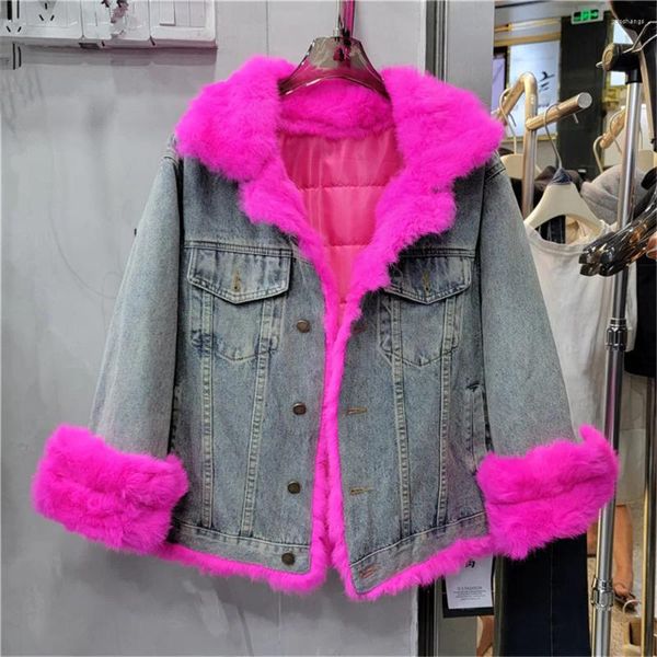 Trenchs de femmes manteaux 2023 hiver fausse fourrure épissé mode veste rembourrée femme lâche décontracté denim coton manteau pour femmes y4497