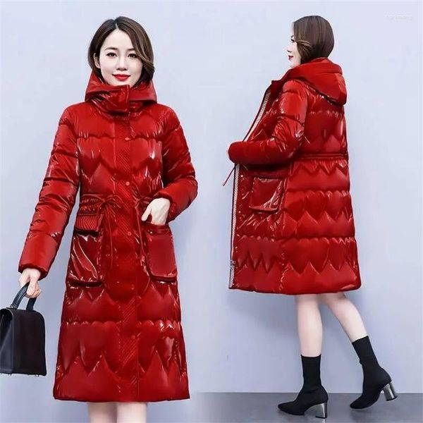 Abrigos de trinchera para mujer 2023 Invierno Chaqueta de nieve brillante Down Algodón Abrigo con capucha Grueso Cálido Ropa exterior larga Moda Mujer Parkas