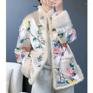 Trenchs de femmes manteaux 2023 hiver haut de gamme style chinois veste de broderie vison cheveux épissé acétate col montant manteau de coton S-XL