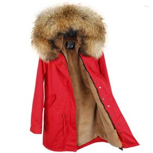 Trenchs de femmes manteaux 2023 veste d'hiver marque style rouge bleu longue doublure amovible grande couleur fourrure de raton laveur manteau à capuche Parkas vêtements d'extérieur