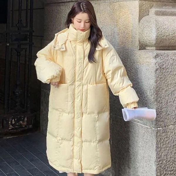 Trench Coats de femmes 2023 Hiver Femmes Labré Long Parkas Hooded Elegant Korean Fashion Sweet Veste chaude Femme Femme Simplicité