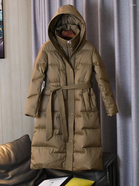 Trenchs de femmes manteaux 2023 hiver femmes 90% blanc canard vers le bas longue veste avec ceinture femme épaisse manteau chaud de luxe mince parka vêtements d'extérieur à capuche