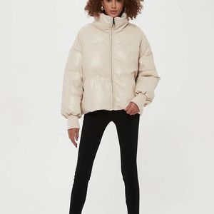 Damesgeulcoats 2023 dames winter jas dik leer lange mouw parkas puffer puffer vrouw top faux casual beige pu padded