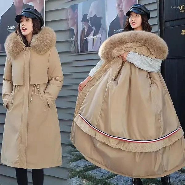 Trenchs de femmes manteaux 2023 femmes veste d'hiver coréenne grand col de fourrure coton rembourré doublure de laine parkas manteau long vêtement d'extérieur à capuche