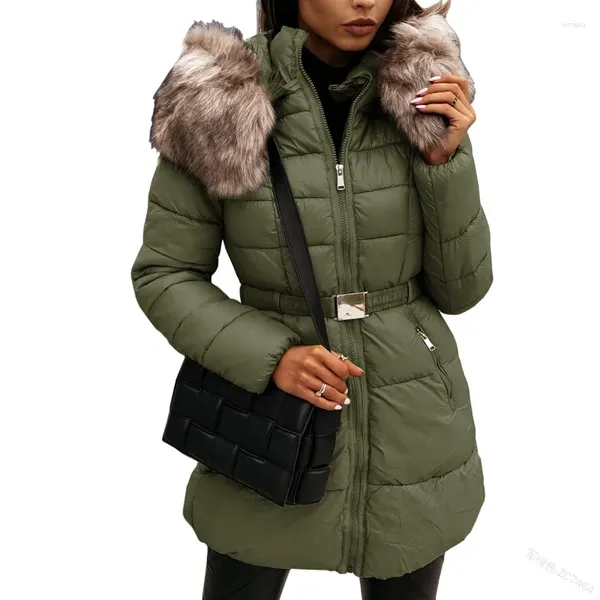 Trenchs pour femmes 2024 automne hiver col de fourrure chapeau chaud taille ajustée manteau rembourré en coton à capuche décontracté quotidien