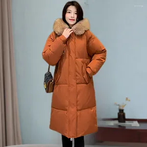 Gabardinas de mujer 2024 Hermosa moda Estilo largo Chaqueta de plumón Cuello de pelo grande Versión coreana de abrigo grueso de algodón suelto Tendencia