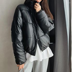 Gabardinas de zanja para mujeres 2024 negro grueso grueso cuello corto abrigo de invierno estilo coreano pu cuator chaqueta de algodón de algodón de algodón diario