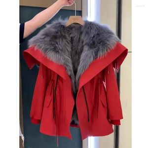 Trenchs de femmes 2024 coton veste coréenne style paresseux rouge année de Noël manteau chaud automne et hiver fausse fourrure blanche