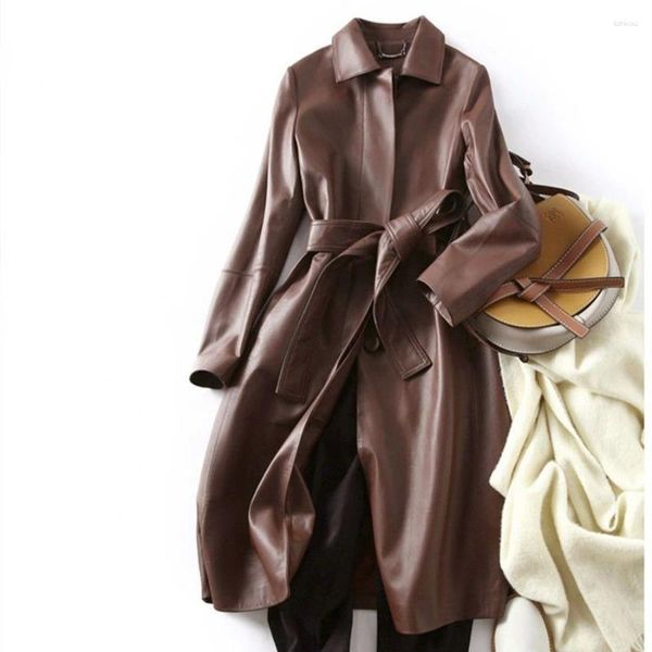 Trench Coats pour femmes 2024 Spring and Automn Polo Collar PU Le cuir Vestes en cuir en vrac Lacet décontractée