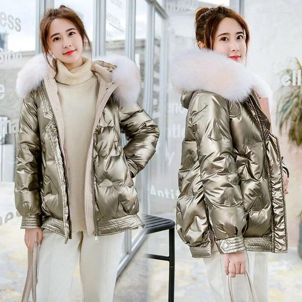 Abrigos de trinchera para mujer 2024 Invierno Pato blanco Chaqueta con capucha Cuello de piel sintética brillante Cálido Mujer Parkas cortas