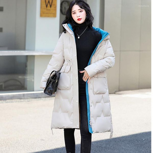 Gabardina para mujer #3232 negro azul blanco con capucha Parka abrigo con cremallera mujer chaqueta de invierno bolsillos delgados largo femenino cálido grueso suelto coreano