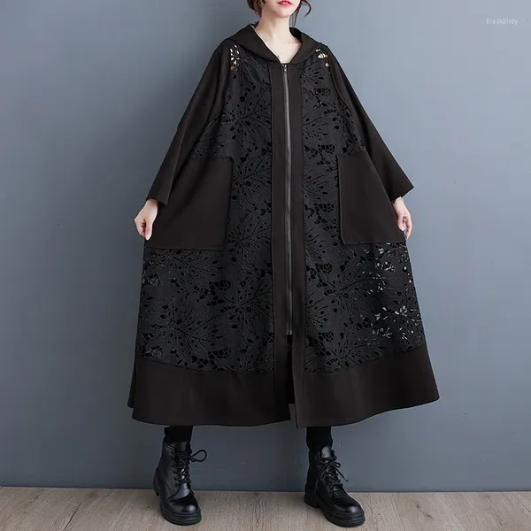 Abrigos de trinchera para mujer # 7074 Abrigo con capucha vintage negro Mujer Cremallera suelta Hollow Out Split Joint Duster Ladies Outerwear Abrigo largo