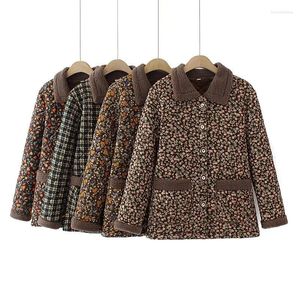 Abrigos de trinchera para mujer 8XL Otoño Invierno Chaqueta floral coreana Abrigo de algodón para madres de mediana edad Cordero Lana Solapa Empalmada Tamaño grande