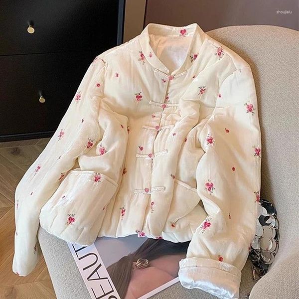 Trenchs de Femmes Manteaux Abricot Floral Fleur Kawaii Col Montant Vintage Bumber Vestes Pour Femmes Hiver Rembourré Coton Parkas Manteau Coréen