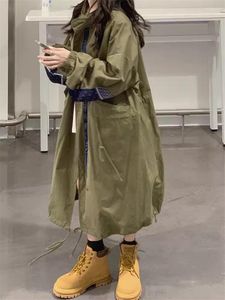 Femmes Trench Coats Armée Vert Long Manteau 2023 Printemps Et Automne Casual Mode Lâche Imprimé Patchwork Coupe-Vent Veste Mujer Abrigo