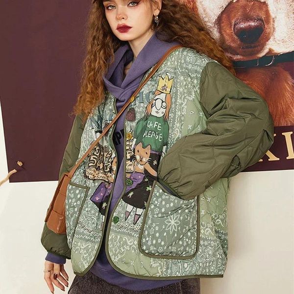 Trenchs de Femmes Armée Vert Vintage Dessin Animé Col V Parkas Manteau Harajuku Kawaii Anime Y2K Bumber Vestes Épais Coton Hiver Lâche