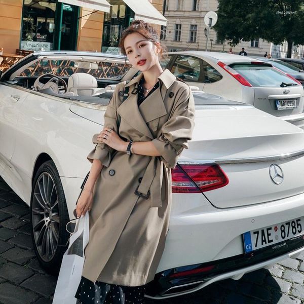 Trench femme automne 2022 femmes coréennes mi-long manteau ample avec ceinture kaki Double boutonnage grande taille coupe-vent mode Abrigo Muj