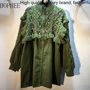 Gabardina para mujer, moda otoño 2023, chaquetas de mujer con cuentas de diamantes, cuello alto, tejido de retazos, cremallera, manga larga de longitud media