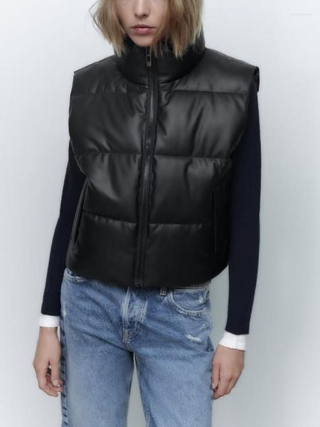 Trench femme automne et hiver 2022 noir petit gilet portant ample Imitation cuir col montant sans manches veste