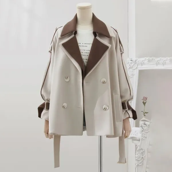 Trenchs pour femmes automne élégant manteau mi-long double boutonnage classique revers pardessus ceinturé mince veste d'extérieur avec poche