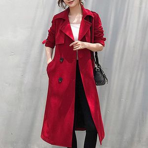 Vrouwen Trenchcoats Herfst Koreaanse Vrouwen Rode Jas Met Sjerpen Elegante Double Breasted Lange Mouwen Revers Halflange Windjack Vrouwelijke 2023