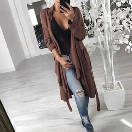 Trenchs pour femmes Automne Printemps Casual Couleur Solide Long Manteau Femme Revers Lâche Coupe-Vent Mode Simple Manches À Lacets Midi Cardigan