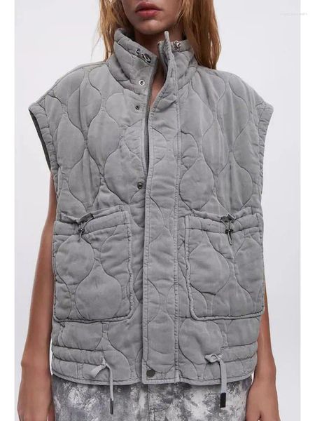 Trenchs pour femmes Automne Hiver Vêtements All-Match Poche Patch Col Montant Gilet Sans Manches Simple Boutonnage Casual Coton Vêtements