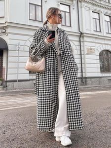 Dames Trenchcoats Herfst Winter Elegant Zwart Wit Plaid Lang Voor Dames 2023 Mode Double Breasted Houndstooth Print Bovenkleding