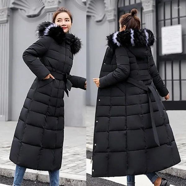 Abrigos de trinchera para mujer Otoño Invierno Chaqueta Mujer Cálido Moda Arco Cinturón Cuello de piel Abrigo Vestido largo Mujer Grueso